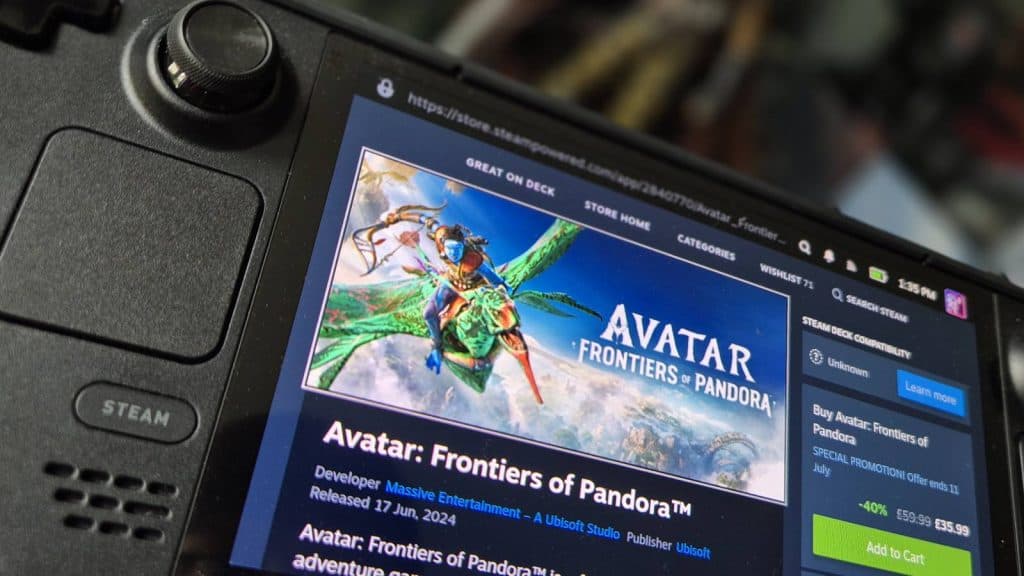 Image of Avatar: Frontiers of Pandora on the Steam Deck store on the screen of a Steam Deck.