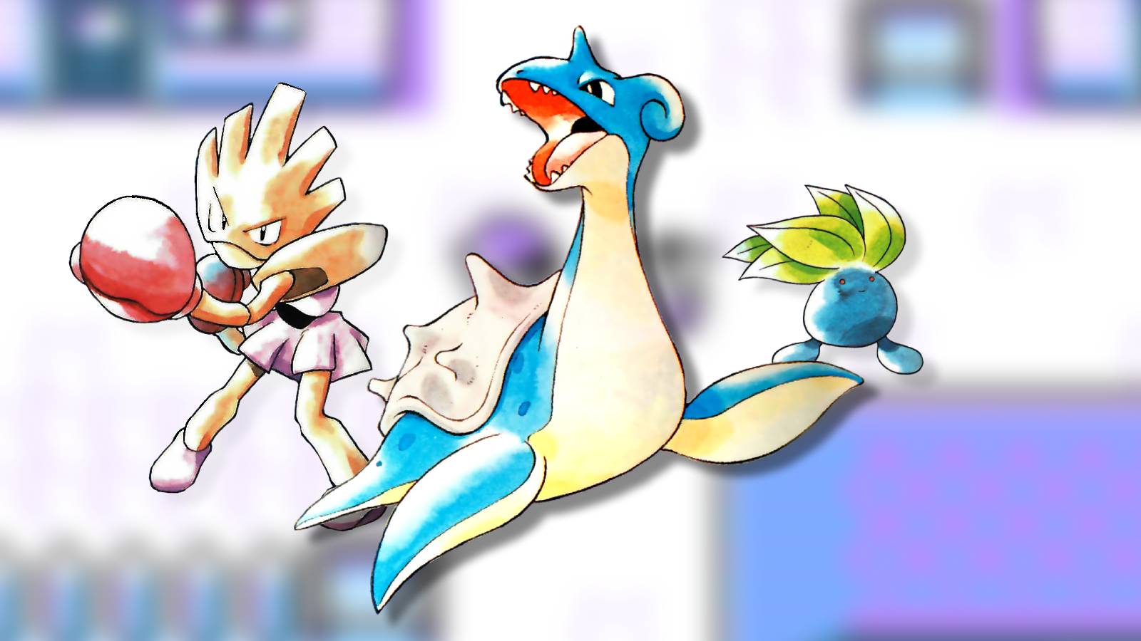The Pokemon Lapras, Hitmonchan, and Oddish, and shown against a blurred background