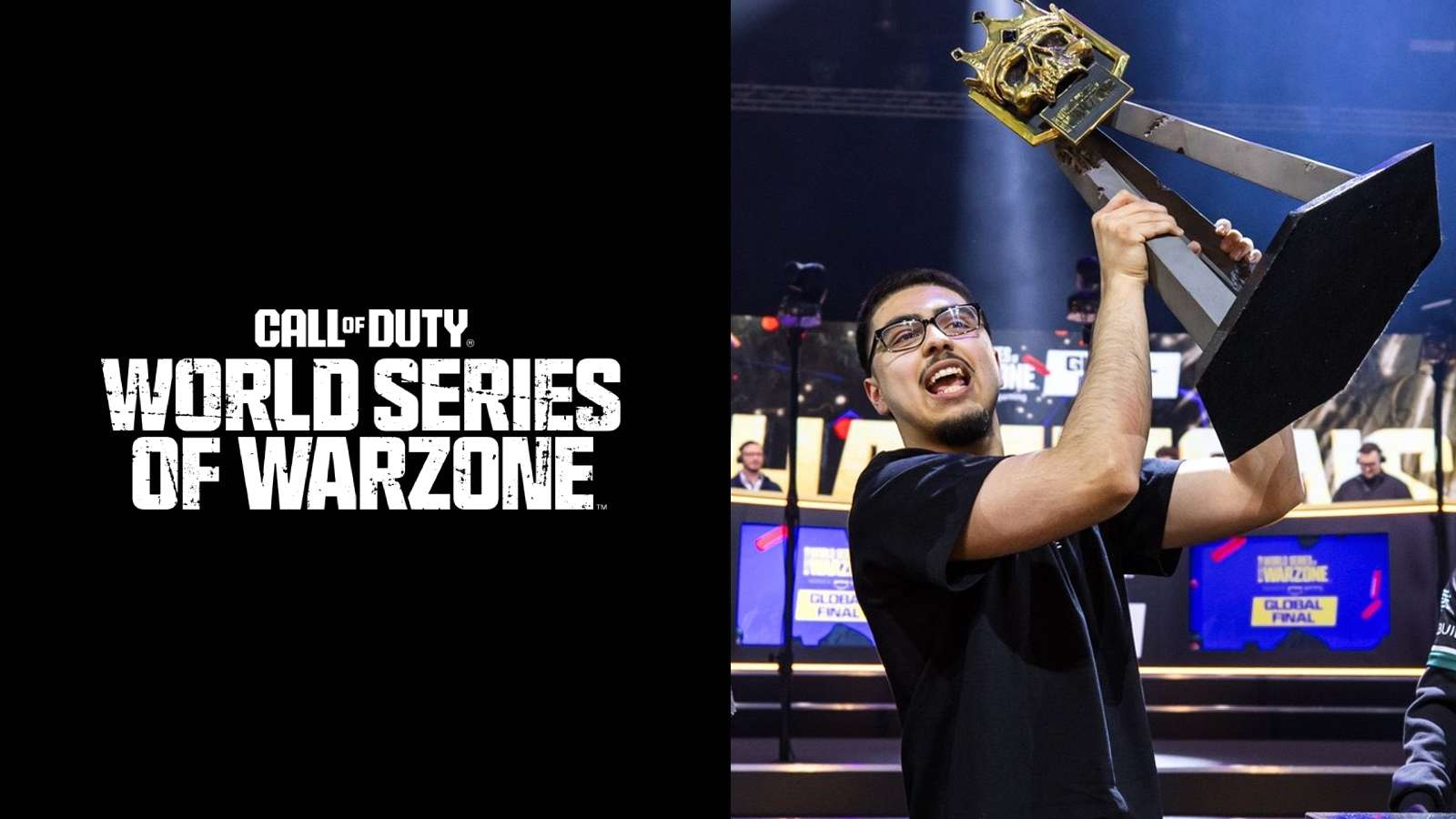 Shifty holding up World Series of Warzone trophy next to WSOW logo