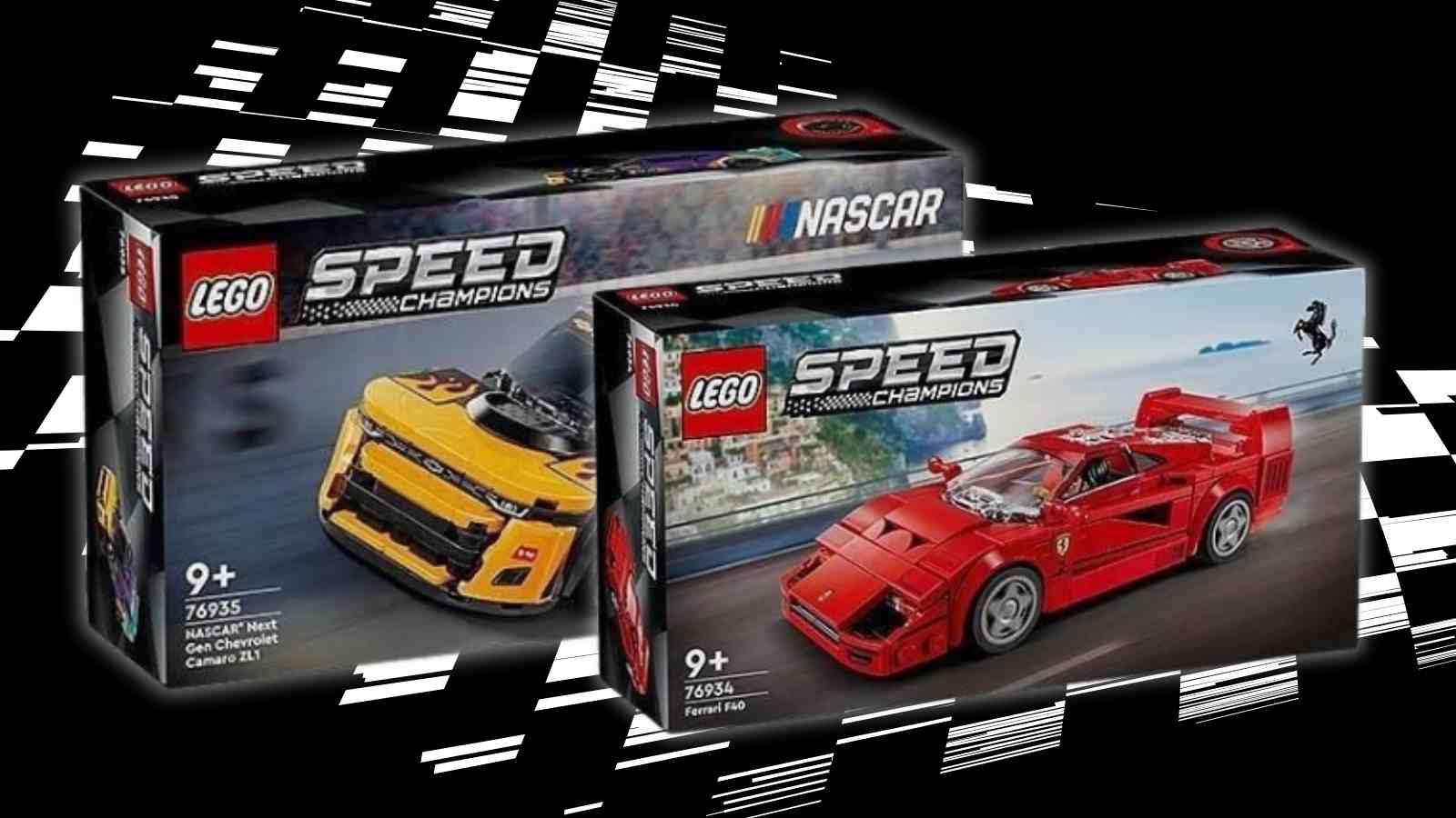 Upcoming LEGO Speed Champions on black background with racing flag graphic