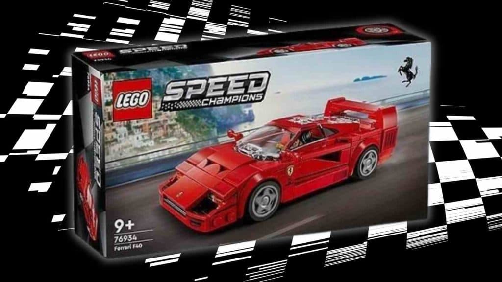 LEGO Speed Champions Ferrari F40 on black background with racing flag graphic