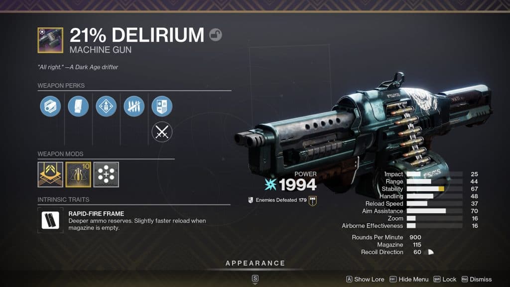 21% Delirium machine gun in Destiny 2