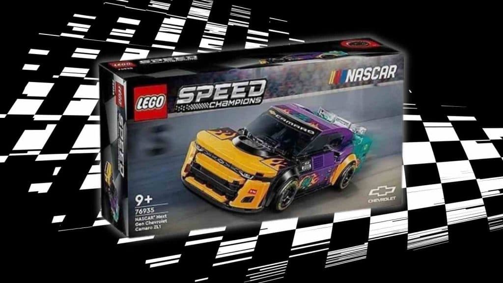The LEGO Speed Champions NASCAR Next Gen Camaro ZL1 on a black background with racing flag graphic