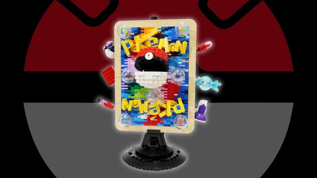 A LEGO fan's Pokemon MOC card on a black background with Poke Ball graphic