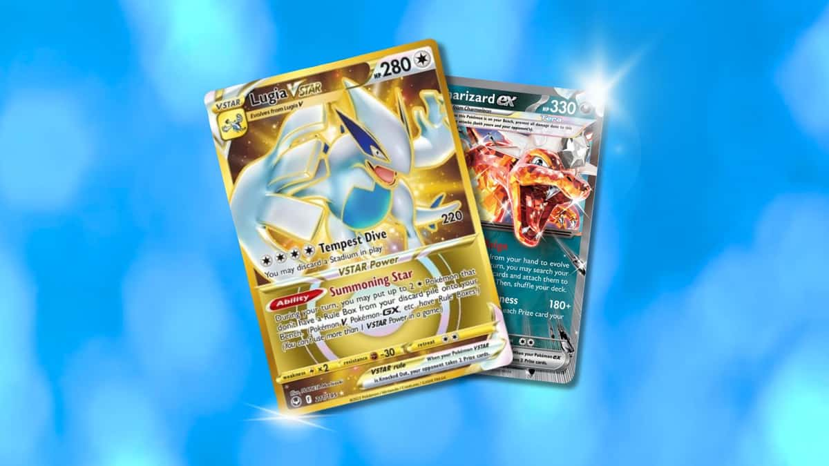 Lugia and Charizard ex Pokemon cards with blue background.