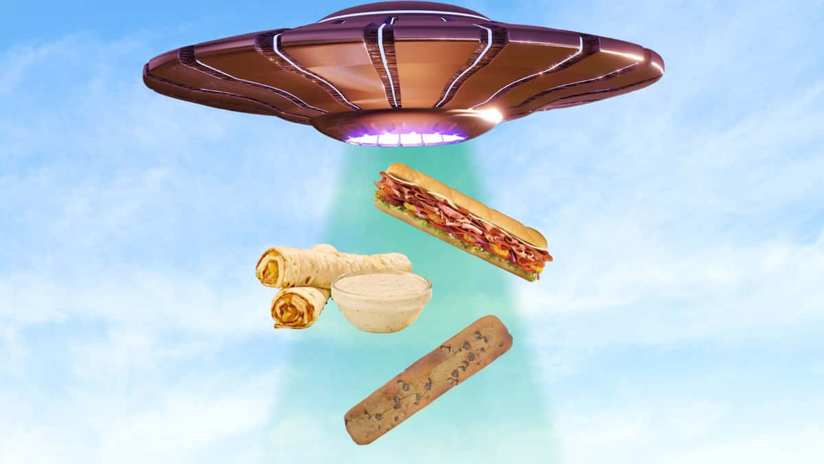 UFO beaming up subway sandwiches.