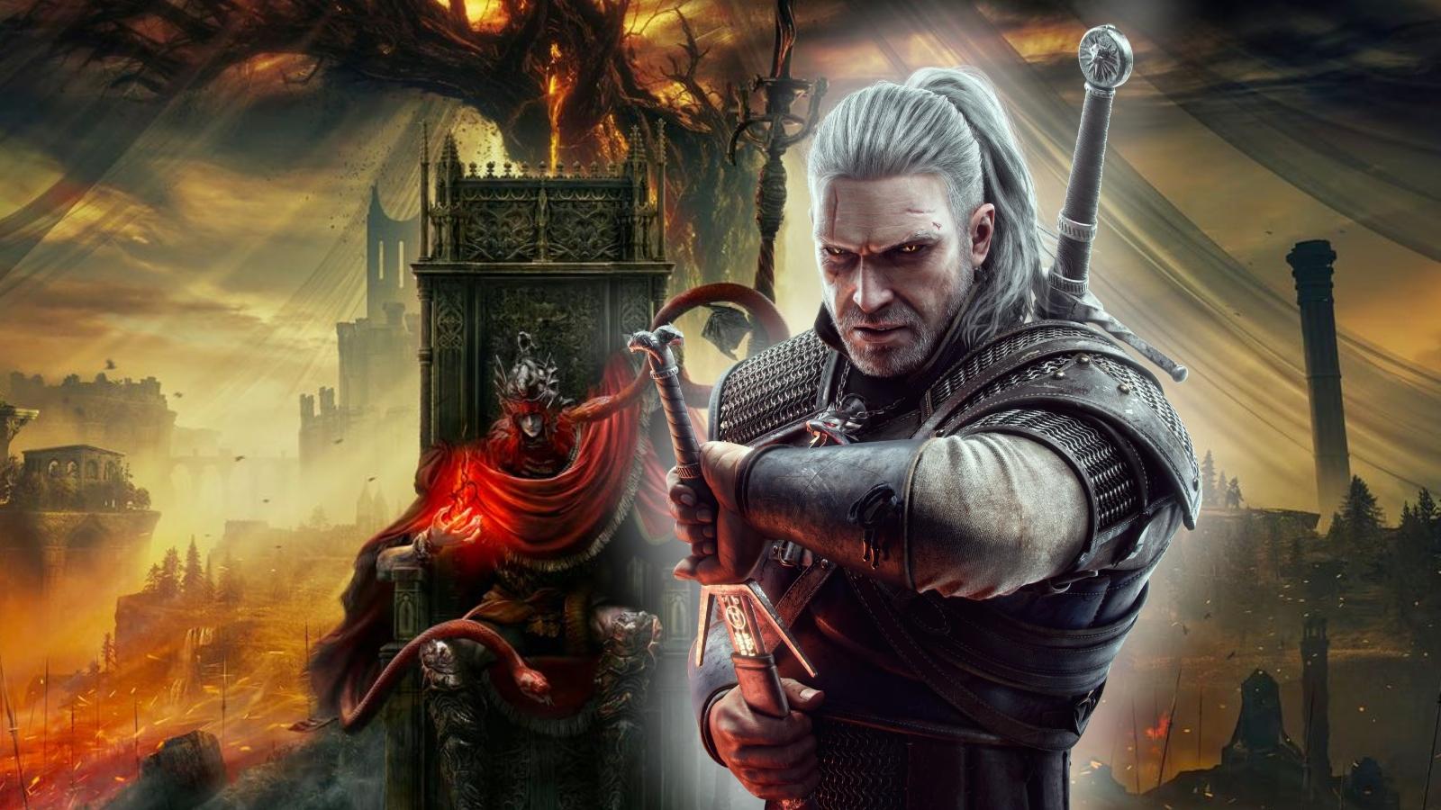 Geralt from The Witcher 3 over Elden Ring: Shadow of the Erdtree art