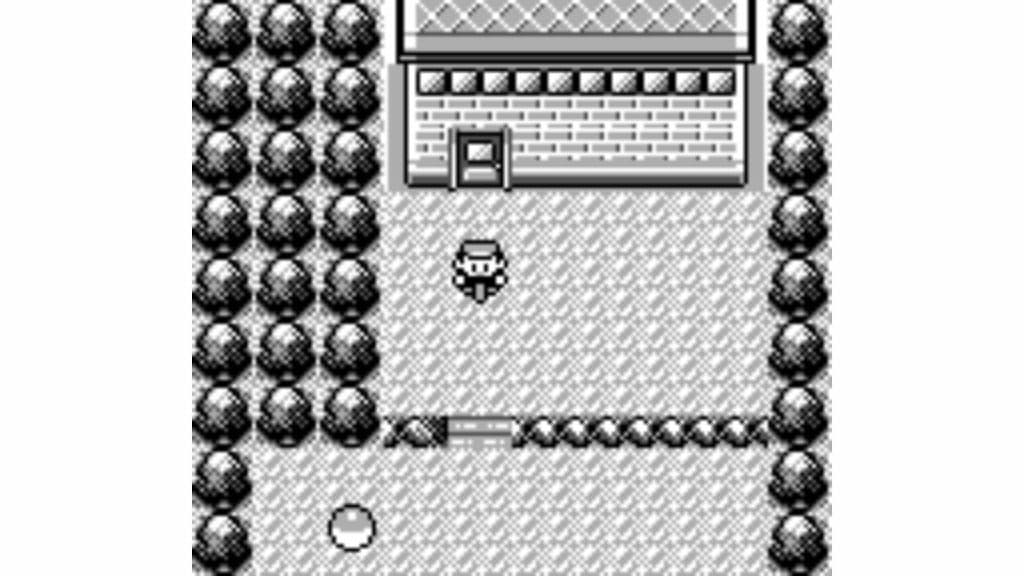 A Trainer stands next to a large building in Pokemon Red & Blue