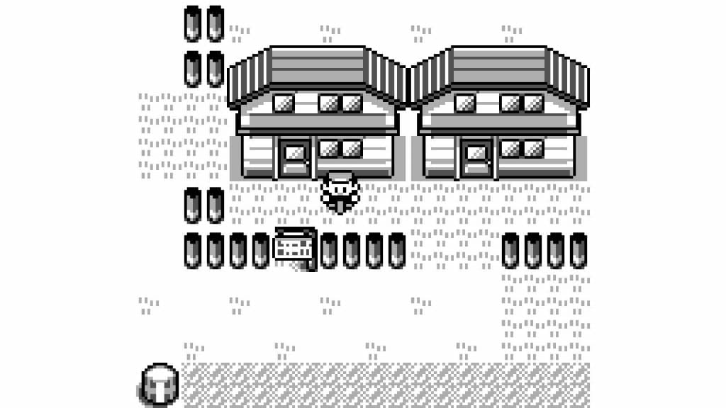 A Trainer stands next to two houses in Fuchsia City from Pokemon Red and Blue