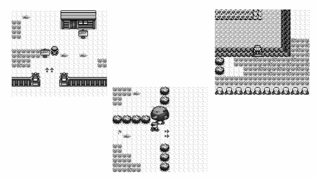 Three images show a route through the Safari Zone in Pokemon Red and Blue