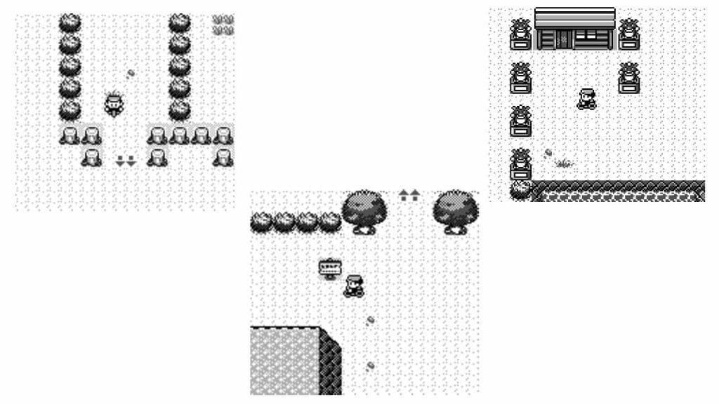 Three images show a route through the Safarai Zone in Pokemon Red & Blue