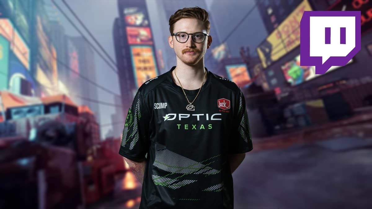 Scump on blurred XDefiant background with Twitch logo in top right corner