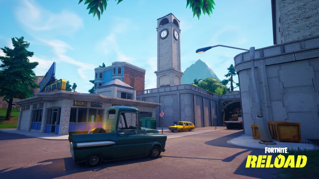 A screenshot featuring Tilted Towers in Fortnite.