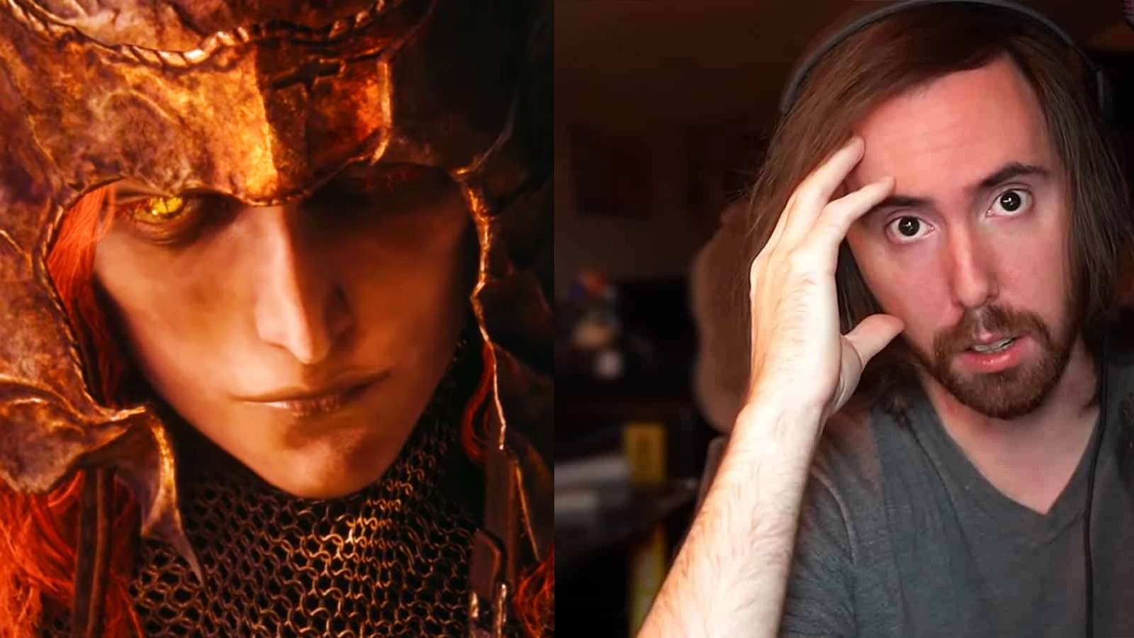 Twitch streamer Asmongold and messmer from shadow of the erdtree elden ring