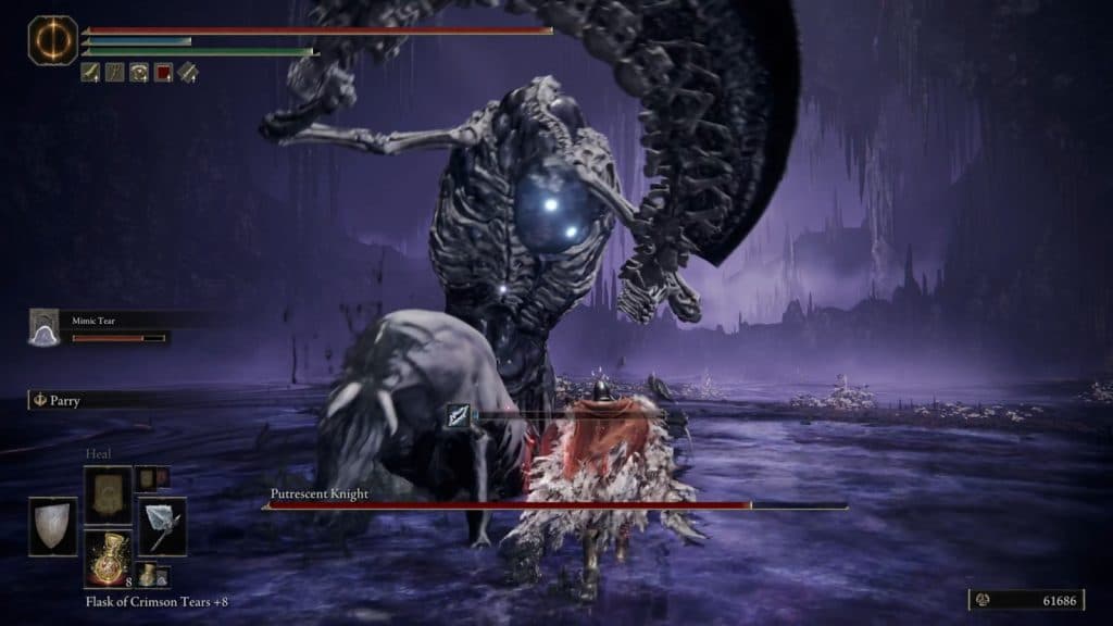 The player strafes to the side to attack the Putrescent Knight