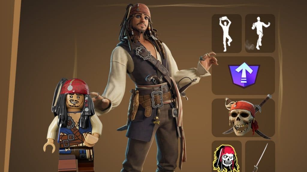 A screenshot featuring Jack Sparrow cosmetics in Fortnite.