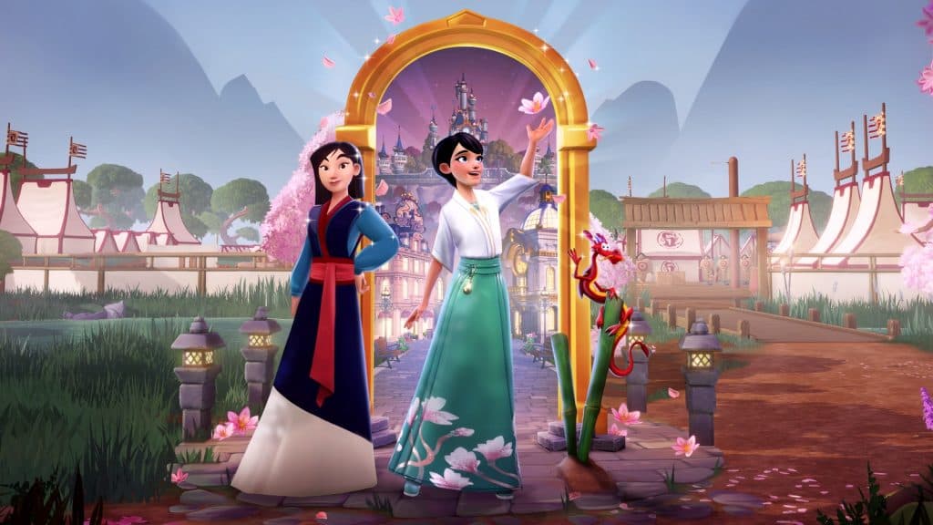 Key art for The Lucky Dragon update featuring Mulan, Mushu, and a Dreamlight Valley avatar