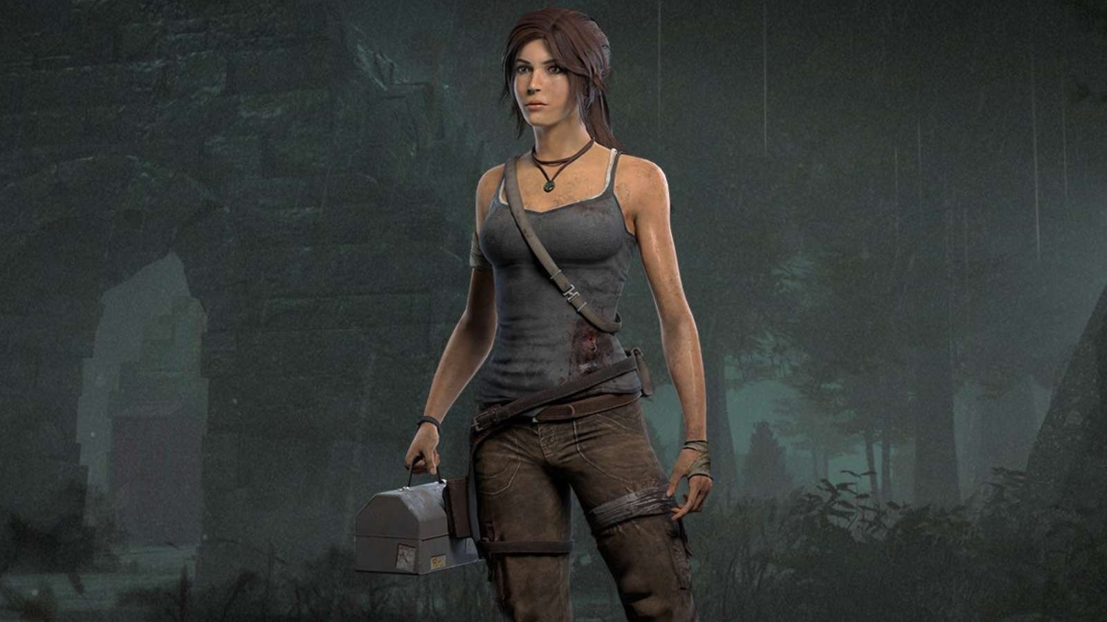 A screenshot featuring Lara Croft in Dead by Daylight.