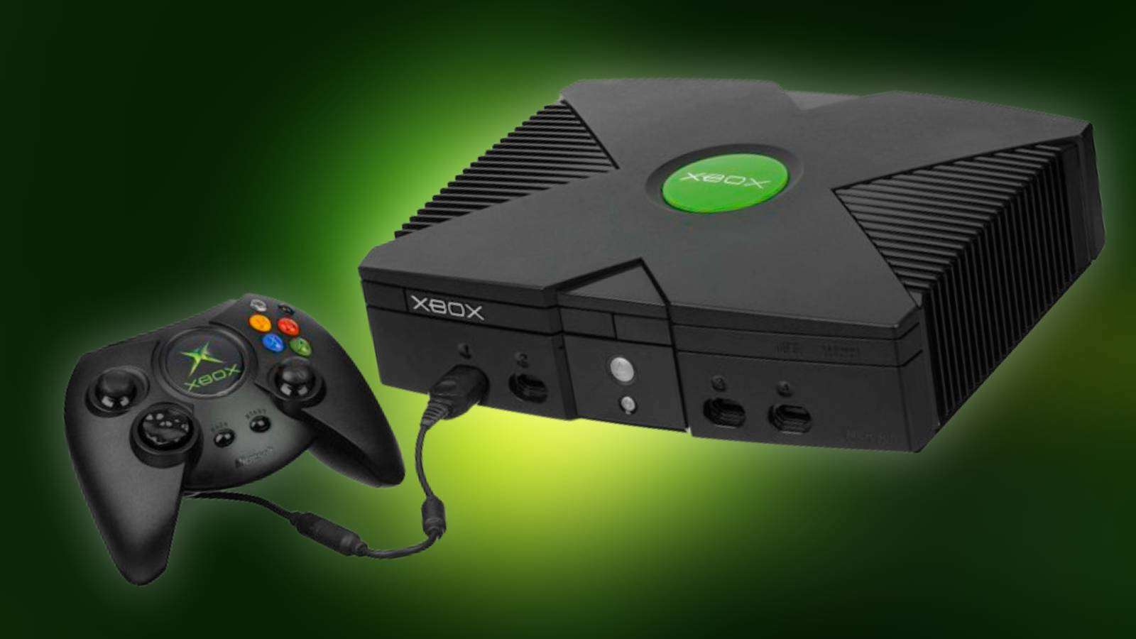 Image of the original Xbox console and controller with a green glow in the background.