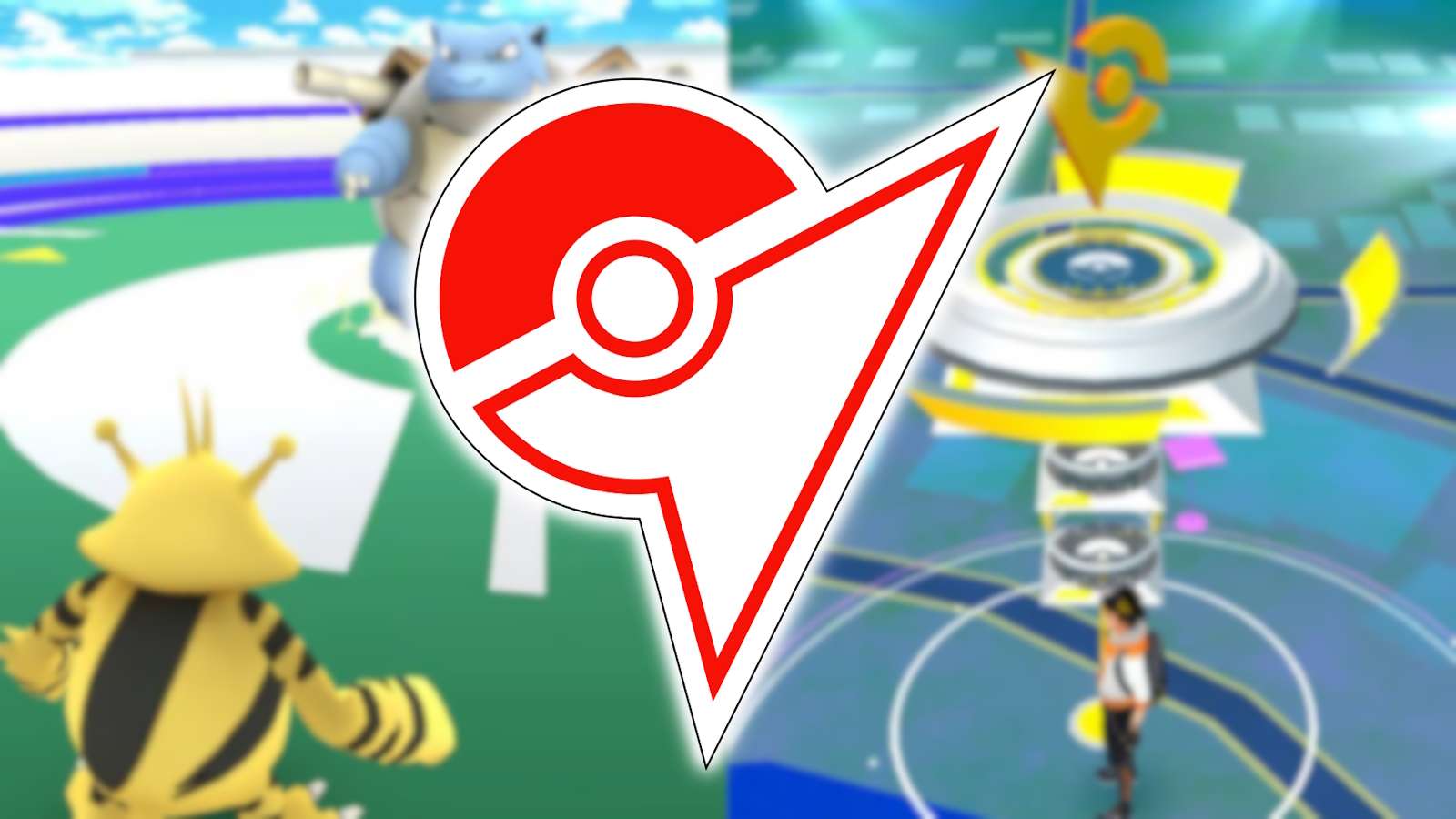 Pokemon Go gym symbol with gym battles in background.