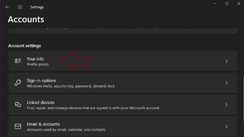 Windows Account Settings page