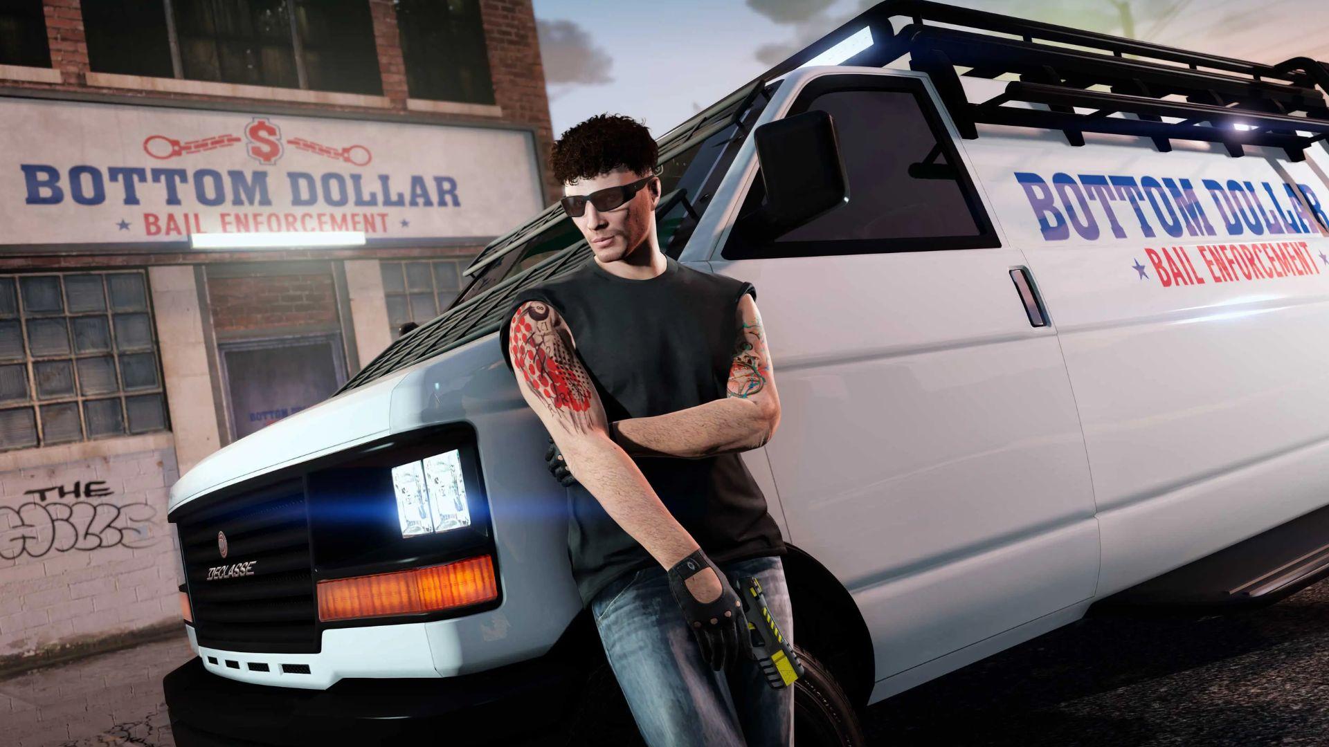 GTA Online character standing next to white Bottom Dollar Bounties van