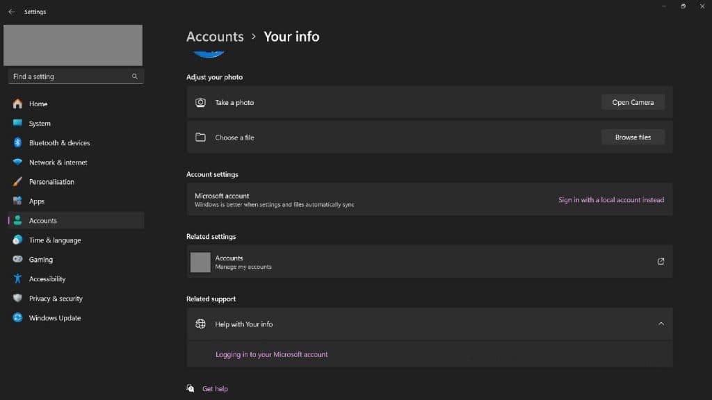 Windows account page