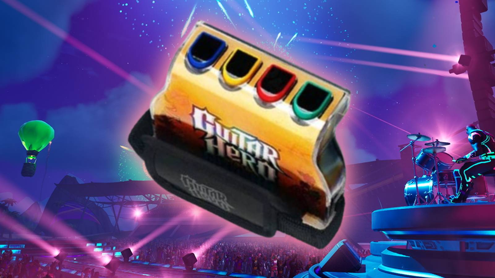 An image of the Guitar Hero Guitar Grip controller with Fortnite Festival in the background.