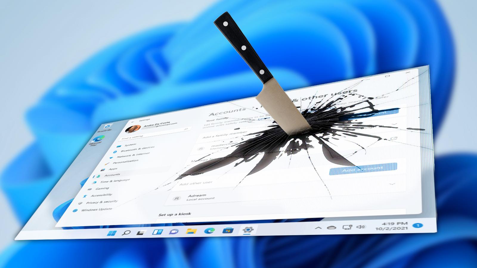 Windows 11 with knife through it