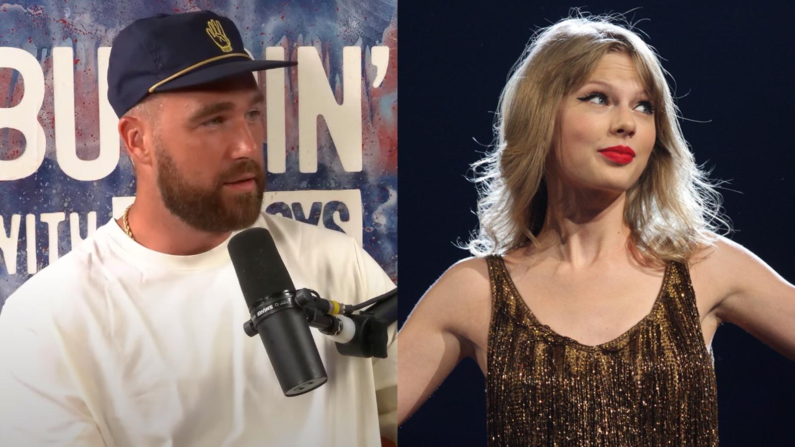 Side by side image of Taylor Swift performing and Travis Kelce on a podcast