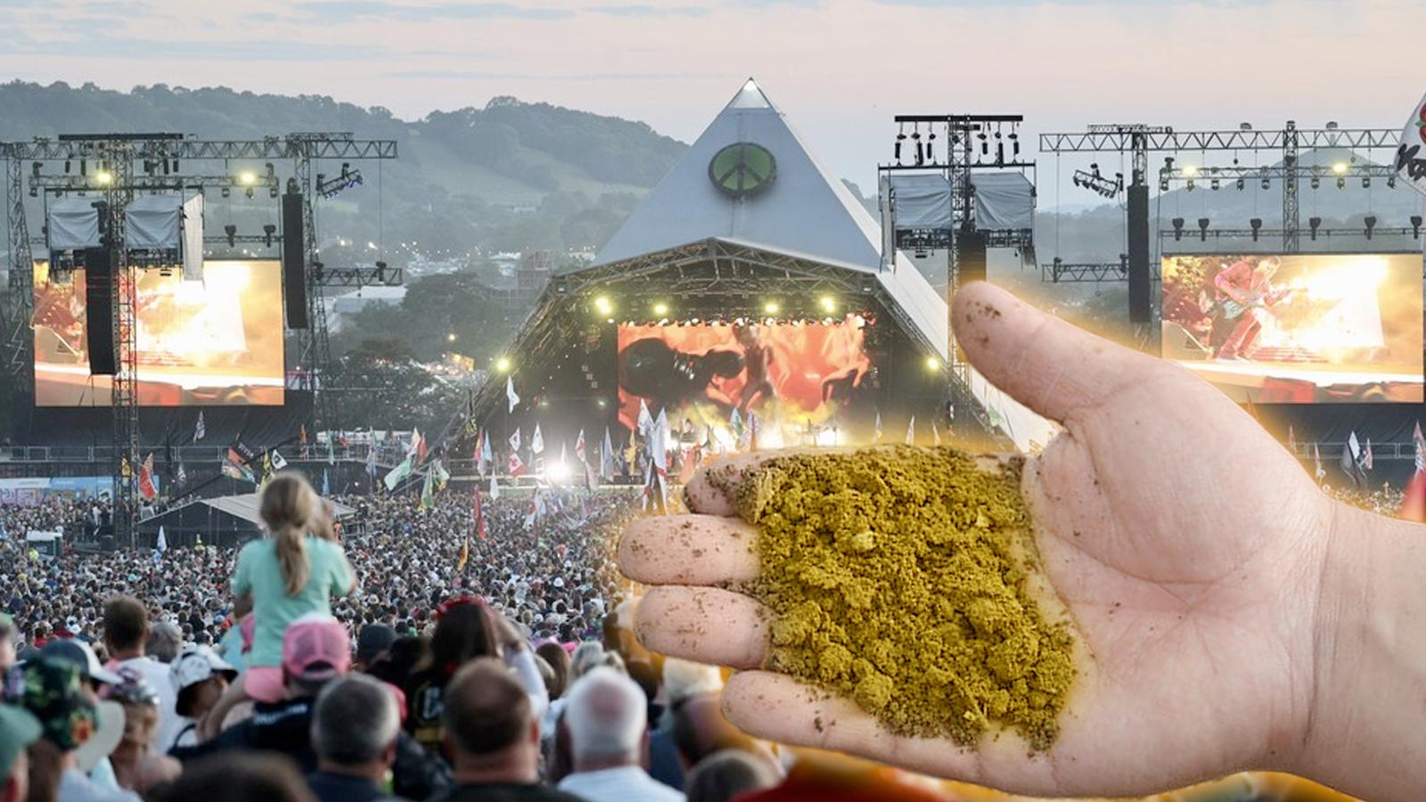 stock image of glastonbury's pyramid stage with a hand raised up with fertilizer colored yellow atop