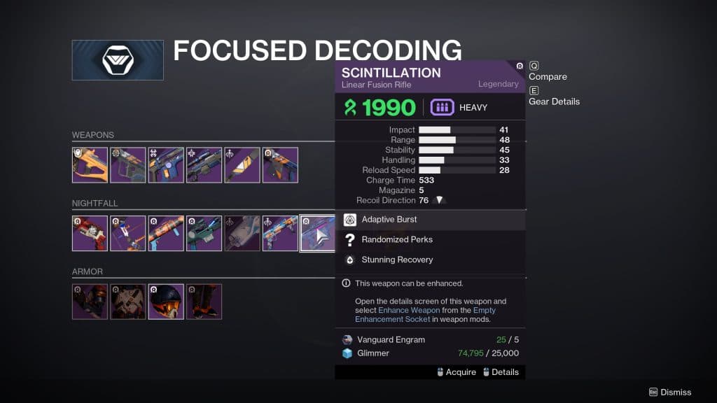 Focusing Scintillation Linear Fusion Rifle in Destiny 2.