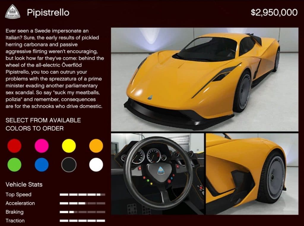 Yellow Överflöd Pipistrello listing in GTA Online on Legendary Motorsports.