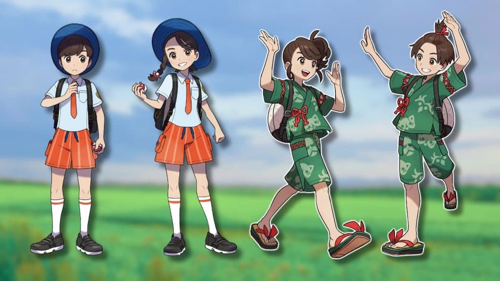 Player characters from Pokemon Scarlet & Violet with fields and clouds behind them.