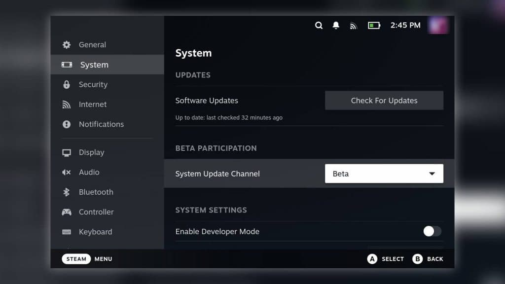 Screenshot of the Steam Deck's system settings.