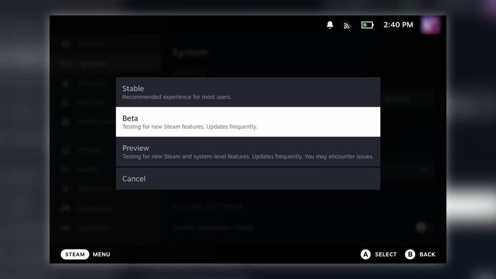 A screenshot of the beta channel options on the Steam Deck.