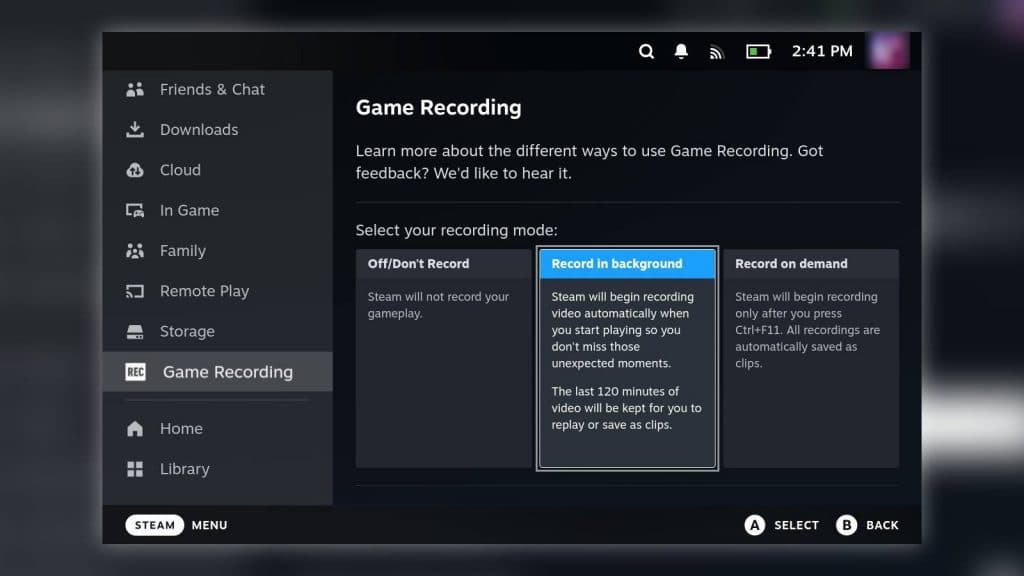Screenshot of the game recording settings on Steam Deck.