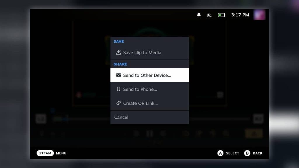 Screenshot of the share options for the game recording feature on Steam Deck.