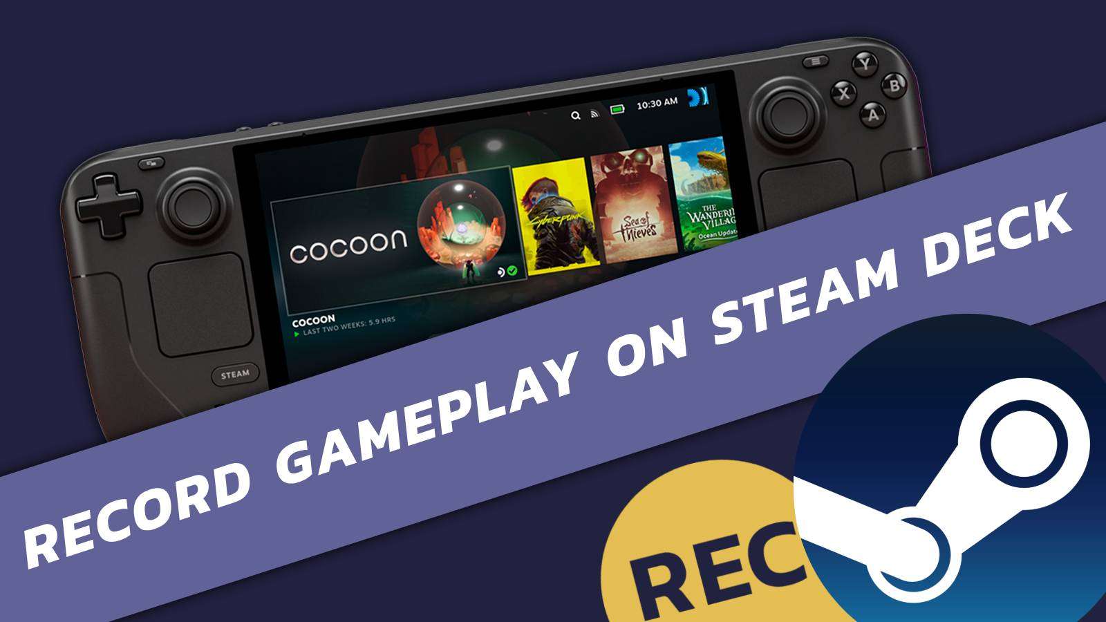 An image of the Steam Deck with a banner across it, and the Steam logo in the bottom right corner.