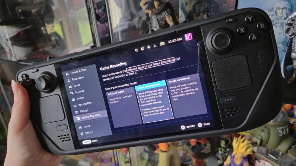 Image of the OLED Steam Deck running the new gameplay recording setting.