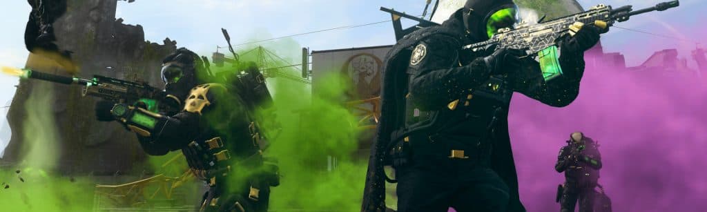 operators aiming weapons in warzone with pink and green smoke
