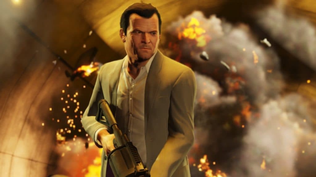 gta michael standing in front of explosion