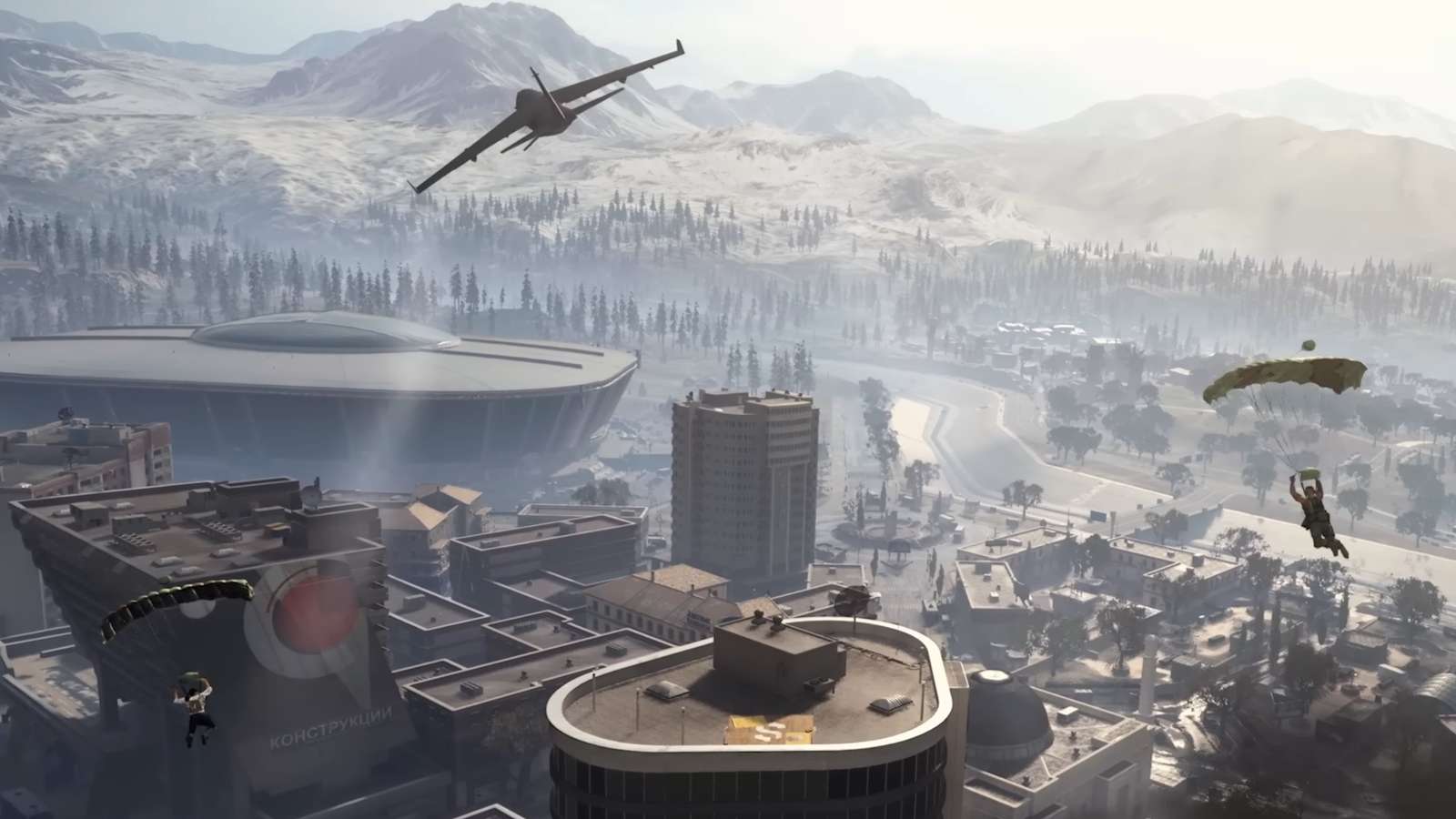Cinematic shot of Verdansk with two Warzone players parachuting.
