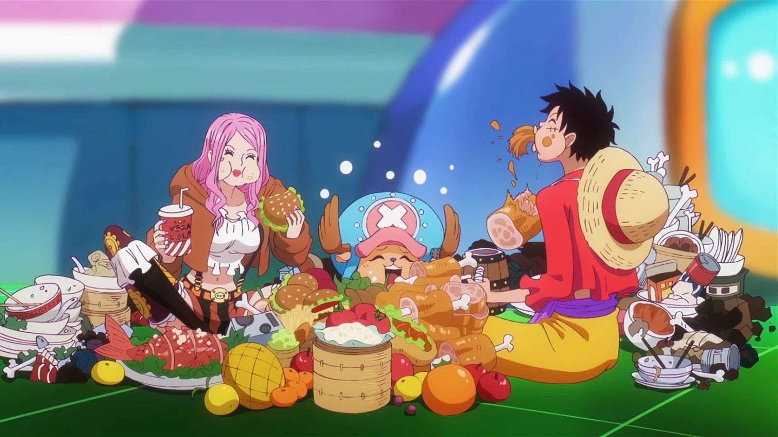 Luffy, Bonney, and Chopper eating