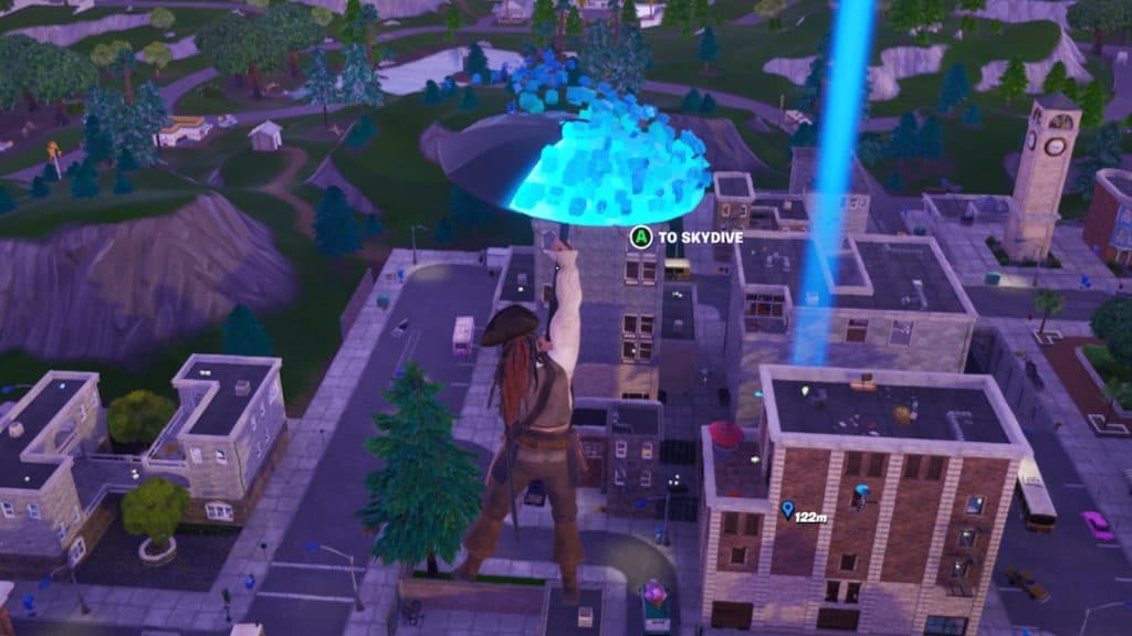 A screenshot featuring Tilted Towers in Fortnite.