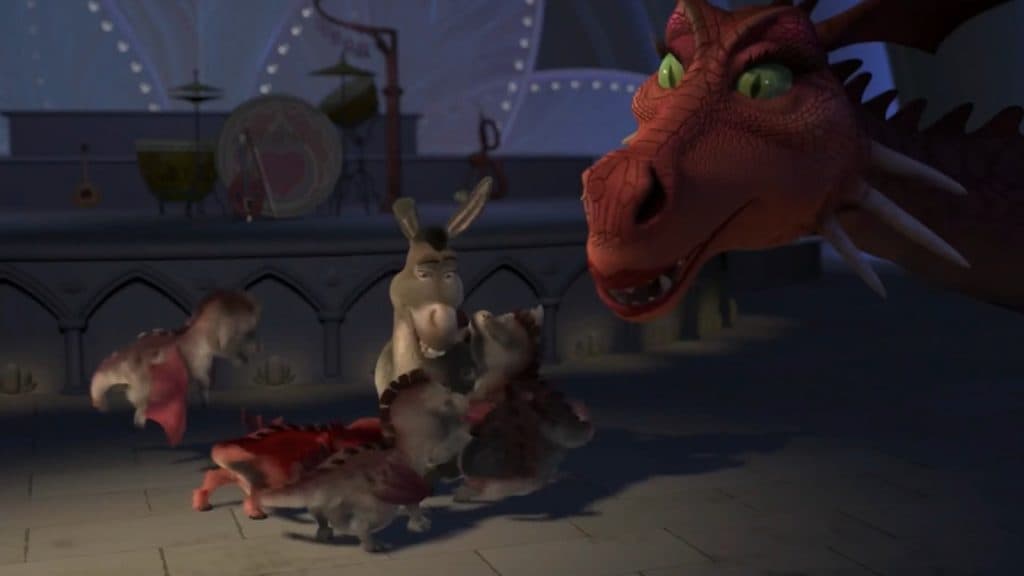 Donkey and Dragon with their babies in Shrek 2