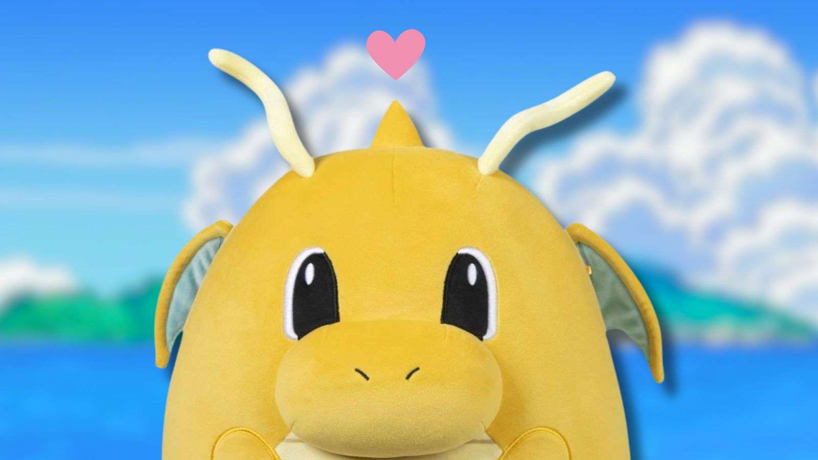 Dragonite Squishmallow with Pokemon anime background and loveheart.