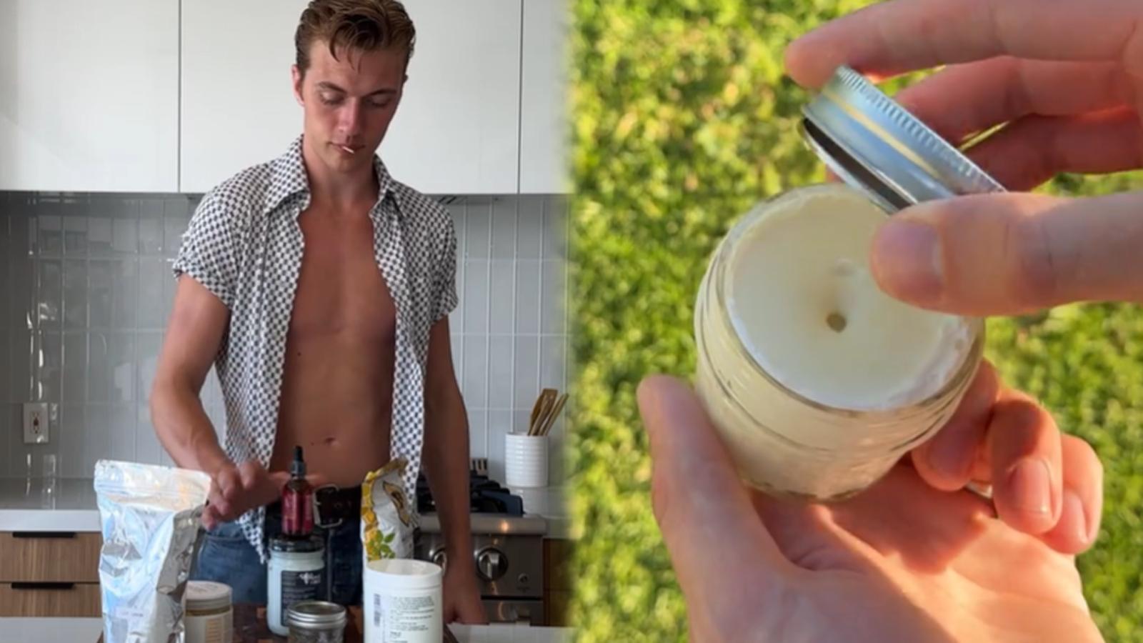 TikTok influencer's boyfriend making sunscreen, with her showing the final result