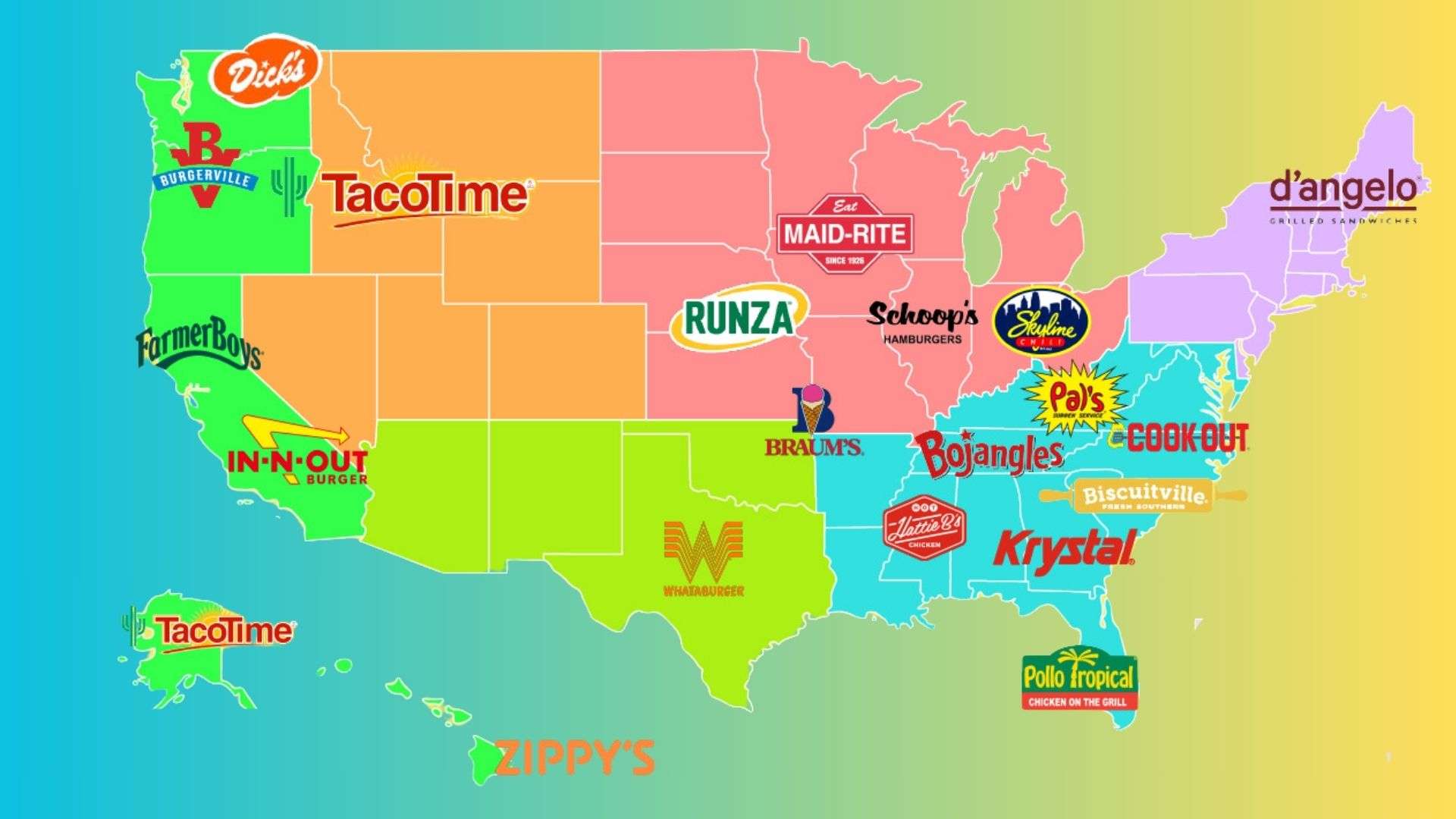 map of america with regional fast food chains