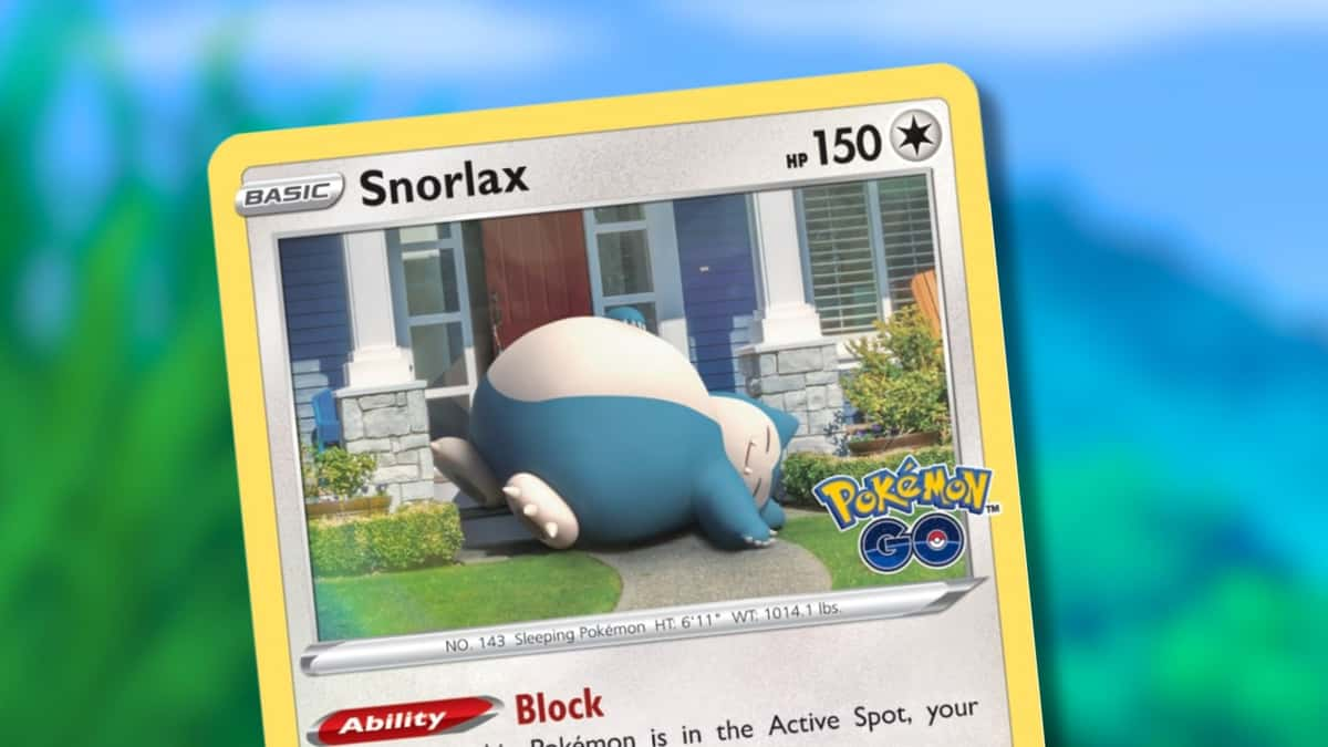 Snorlax Pokemon GO card with anime background.